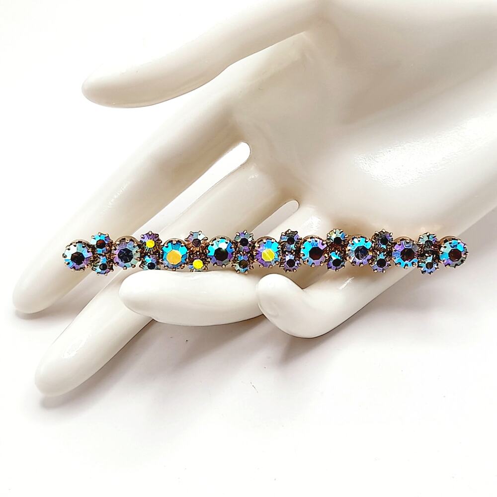 Vintage Aurora Borealis Rhinestone Bar Pin, Gold Plated Backing, Prong Set